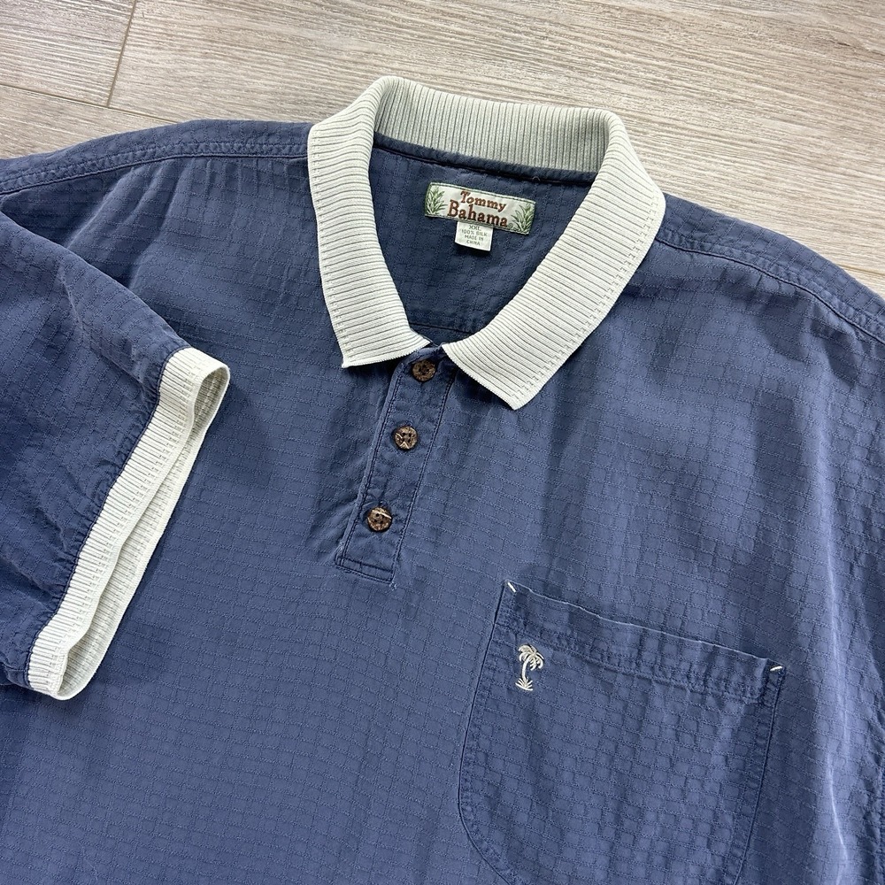 VTG Tommy Bahama XXL Oversized Plaid Silk Jacquard Contrast Collar Polo Resort